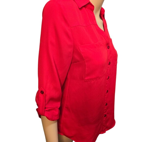 IZ Byer women's XS red chiffon button down roll tab thin blouse top pocket - Picture 6 of 6